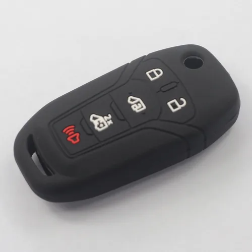 Miniatura 3 de 2 fundas protectoras de silicona de goma negra con 5 botones para llave de control remoto inteligente sin llave con llavero compatible con Ford 2
