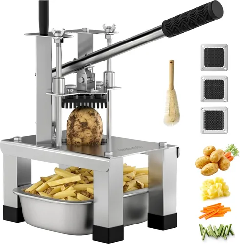Cortador comercial de papas fritas y cortador de verduras con 3 cuchillas de acero inoxidable - 3/8 pulgadas, 1/2 pulgadas, 1/4 pulgadas - Cortador