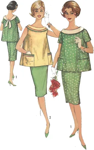 Patrón de costura de los años 1960: vestido de maternidad de dos piezas, parte superior y falda, varios tamaños