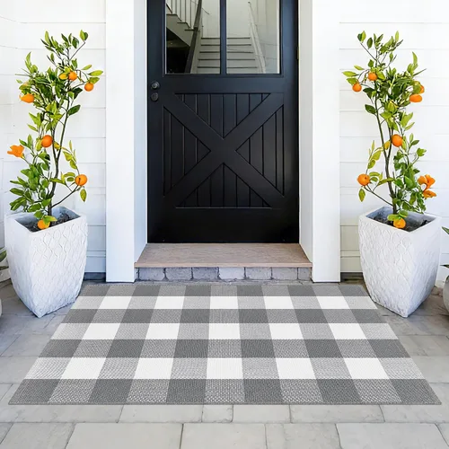 Miniatura 32 de Alfombra de Exterior de Cuadros Buffalo 2x3 pies, Alfombra Tejida de Algodón Negro y Blanco Roto, Tapetes para Puerta de Porche Frontal, Alfombra