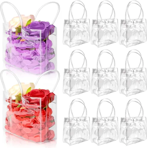 Miniatura 18 de BadenBach 16 bolsas de regalo transparentes con asas, 9.8 x 9.8 x 3.5 pulgadas, bolsa de plástico transparente para fiesta, bolsa de regalo