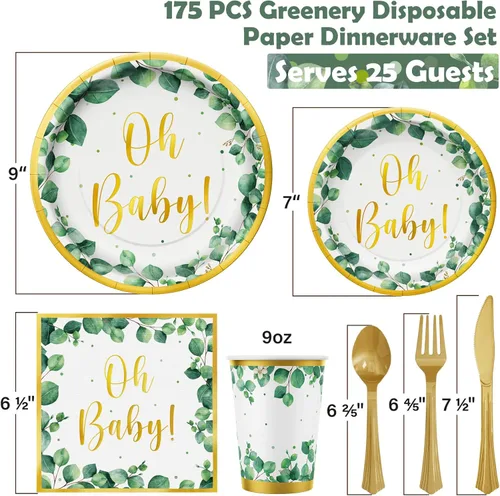 Miniatura 2 de Sage Greenery - Suministros para fiesta de baby shower, juego de vajilla desechable de 175 piezas bohemio neutro (25 invitados) con platos de papel