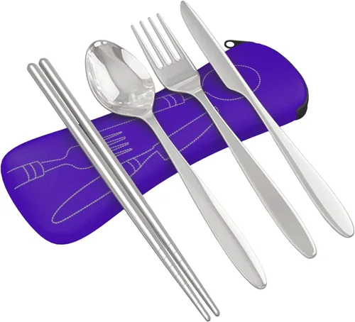Miniatura 14 de Set de 4 unidades (cuchillo, tenedor, cuchara, palillos) para Viajes/Camping –Cubertería de acero inoxidable con funda de neopreno Juego de 4 piezas