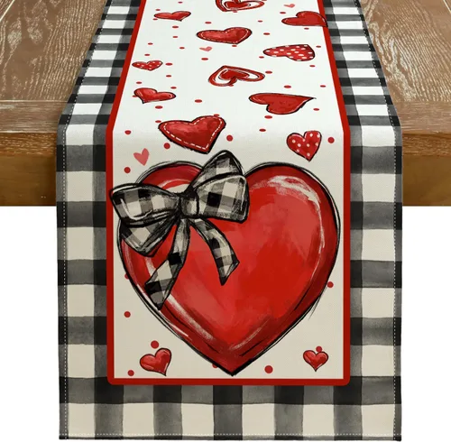Miniatura 8 de GEEORY Camino de mesa para el día de San Valentín de 13 x 72 pulgadas, corazones rojos y lunares, decoración decorativa de mesa de granja