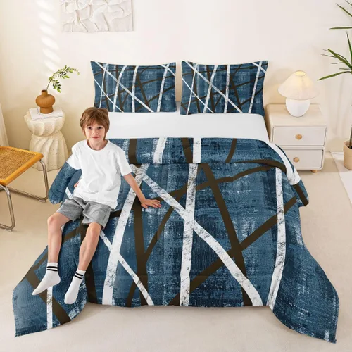 Miniatura 2 de Erosebridal Edredón azul marino tamaño individual, juego de ropa de cama a rayas de acuarela para adultos, relleno interior de edredón geométrico