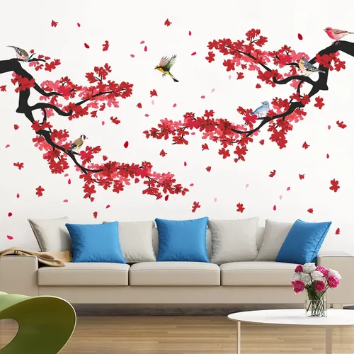 Miniatura 6 de Adhesivo decorativo para pared de ramas de ciruelo rojo 3D, diseño creativo, pájaros, estilo pastoral, extraíble, despegar y pegar, para niños