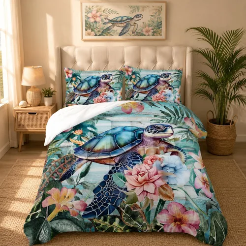 Miniatura 32 de Juego de edredón floral colorido de 3 piezas, juego de ropa de cama botánica bohemia tamaño queen, diseño boho de granja con flores y hojas impresas