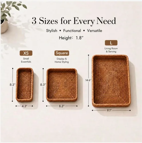 Miniatura 2 de Juego de 3 bandejas de ratán, bandeja rectangular tejida, bandeja decorativa de mimbre, organizador de tocador de mesa de café, encimera de cocina