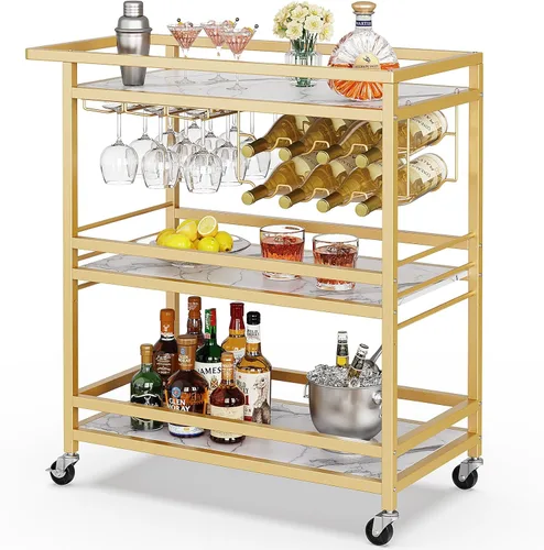 Miniatura 9 de Leteuke Carrito de Bar para el Hogar, Carro de Servicio con Ruedas de 3 Niveles en Negro, Carro de Bebidas, Soporte de Licores con Bandeja