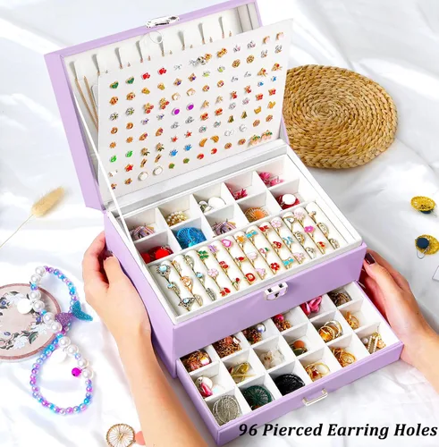 Miniatura 175 de Joyero de pendientes para mujeres y niñas, organizador de aretes de 5 capas, caja organizadora de joyas blanca con candado, collares y aretes