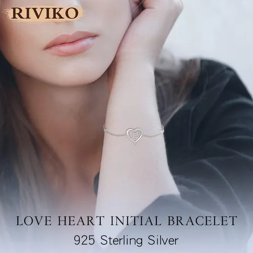 Miniatura 3 de RIVIKO Pulseras de Iniciales de Corazón para Mujeres, Pulseras de Letra de Plata de Ley 925, Joyería de Encanto Personalizado del Alfabeto para San