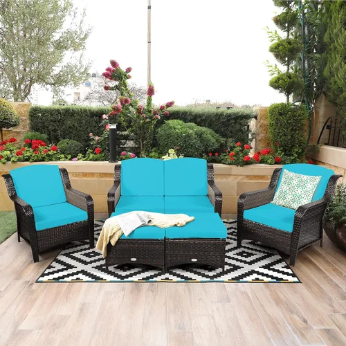 Miniatura 4 de COSTWAY Juego de muebles de mimbre de mimbre para patio, sofá biplaza con otomanas y sillas acolchadas, juegos de conversación para jardín al aire