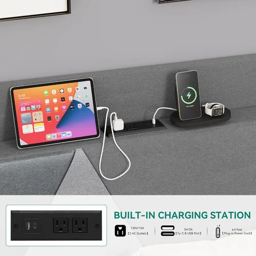 Miniatura 4 de YITAHOME Base de cama Queen con puertos tipo C y USB, plataforma tapizada de lino con cabecera de almacenamiento de lino, no necesita somier, sin