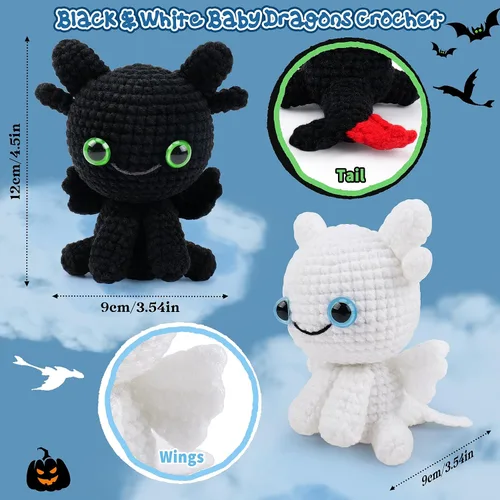 Miniatura 3 de Kit de ganchillo de dragón para principiantes, kit de 2 piezas de animales de ganchillo dragón blanco y negro con tutoriales en video paso a paso
