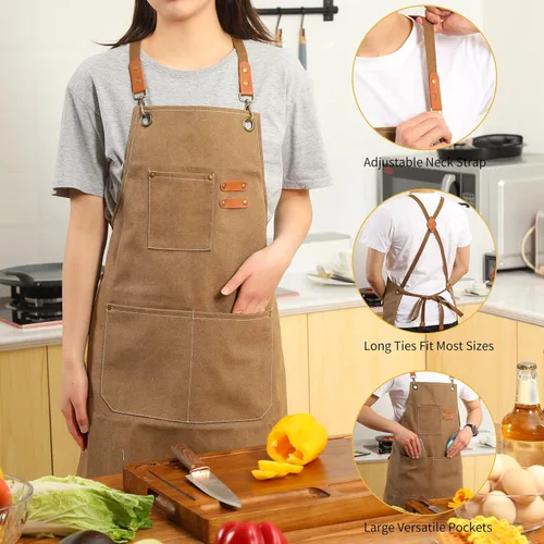 Miniatura 5 de Tosewever - Delantal de lona con espalda cruzada de chef de algodón para hombres y mujeres con bolsillos grandes Cappuccino marrón