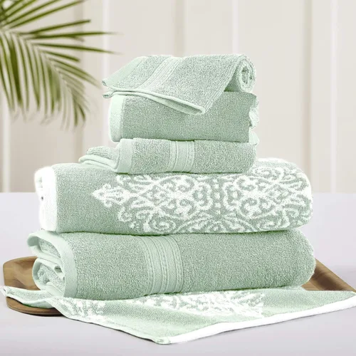 Miniatura 12 de Modern Threads Juego de toallas Jacquard teñidas de hilo reversible de 6 piezas Artesia Damasco Gris