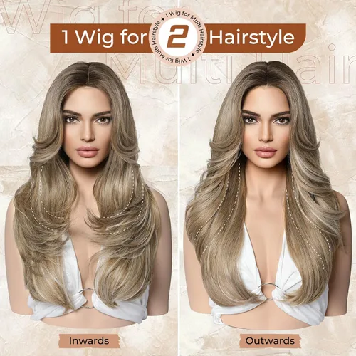 Miniatura 4 de LONAI Pelucas de color castaño ceniza para mujer, 24 pulgadas de largo, color marrón degradado, parte media, peluca de cabello sintético para uso