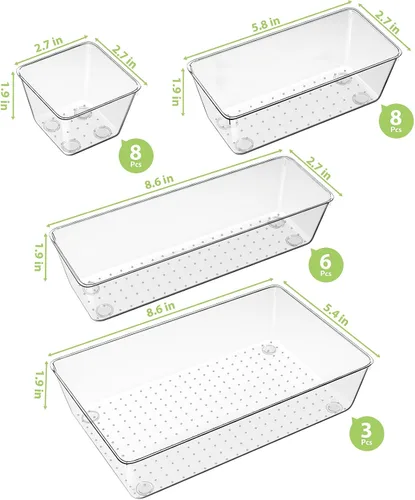 Miniatura 2 de Juego de organizador de cajones transparentes de 12 piezas, 3 tamaños, bandejas organizadoras de tocador de baño y contenedores de almacenamiento