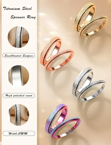 Miniatura 12 de Diamday Anillos antiestrés para mujeres y hombres – Anillo giratorio de acero inoxidable de 2/4 para aliviar la ansiedad y el estrés, con purpurina