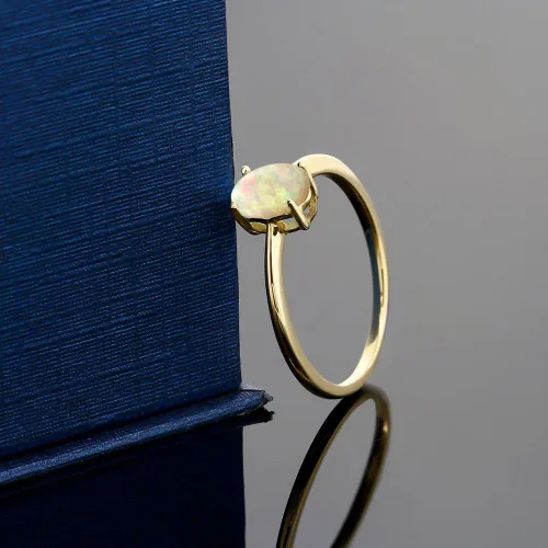 Miniatura 4 de Gem Stone King Anillo de compromiso solitario de oro amarillo de 10 quilates con ópalo etíope blanco para mujer cabujón ovalado de 051 quilates