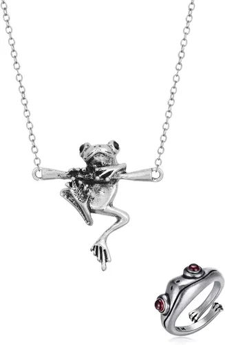 Juego de collares de rana para colgar en forma de árbol de plata, diseño de rana y animales retro, divertido, vintage, para mujeres y niñas, regalo