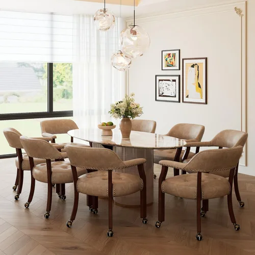 Miniatura 75 de Juego de 8 sillas de cuero de comedor con ruedas y brazos, silla de capitán Accent con ruedas, sillas de madera con ruedas enrollables para cocina