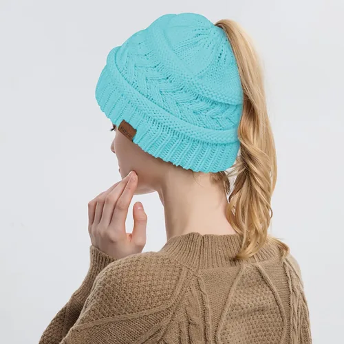 Miniatura 4 de Rosoz 1&2 Packs Ponytail Beanie for Women,Winter Warm Beanie Tail Soft Stretch Cable Knit Messy High Bun Hat