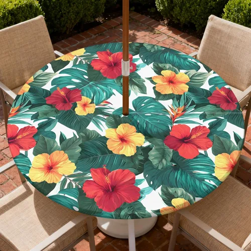 Miniatura 15 de Mantel para exteriores con agujero para sombrilla y cremallera, impermeable, redondo, ajustable con borde elástico, mantel lavable para mesa al aire