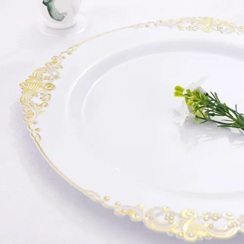 Miniatura 7 de Liacere 50 platos de plástico dorado y blanco, platos desechables de plástico dorado de 10.25 pulgadas, platos pesados de alta calidad para bodas