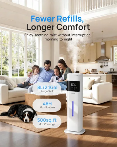 Miniatura 3 de Humidificadores de niebla cálida y fría para dormitorio, 500 pies cuadrados, humidificador de llenado superior de 2.1 galones/8L, habitación grande