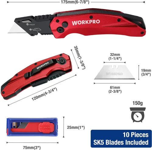 Miniatura 2 de WORKPRO Cuchillo Utilitario Plegable, Metal Resistente, Cortador de Caja de Bloqueo de Eje de Apertura Rápida, Cuchillo de Hoja de Cambio Rápido, 1