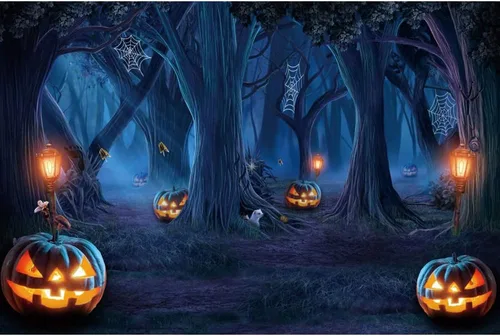 Miniatura 4 de Renaiss Telón de fondo de Halloween con telaraña, árboles, lámpara de calabaza, bosque sombrío, fotografía, fondo espeluznante, luz de luna