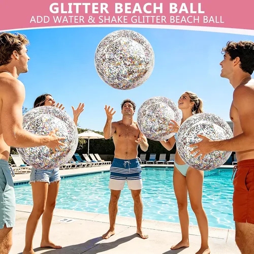 Miniatura 7 de Paquete de 5 bolas de playa de lentejuelas de 16 pulgadas y 24 pulgadas, inflables, confeti con purpurina, pelota de playa transparente, juguete