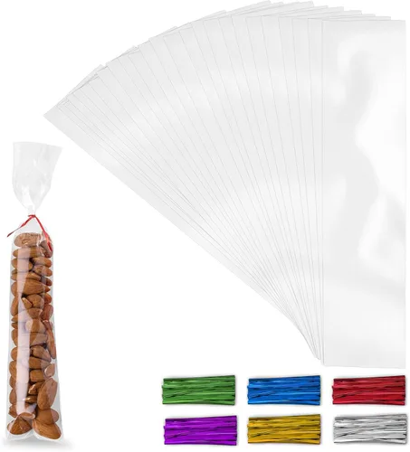 Simple Craft Paquete de 200 bolsas de celofán para golosinas, bolsas de plástico grueso de 2 x 10 pulgadas con lazos para bolsas de golosinas,