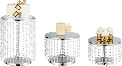 Miniatura 10 de Bigsee Juego de 3 soportes para pasteles dorados, soporte de pastel de metal con espejo, pedestal de pastel con colgantes de cristal y cuentas