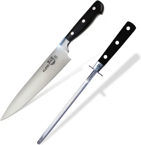 KUMA Chef Knife Pro Bolster Edition y juego de afiladores de cuchillos de cocina, cuchillo de chef de 8 pulgadas para tallar, rebanar y afilar