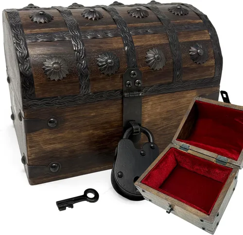 Nautical Cove Cofre del tesoro de madera con forro acolchado de terciopelo y cerradura antigua con llaves de esqueleto (pequeño 8 x 6 x 6) – Cofre