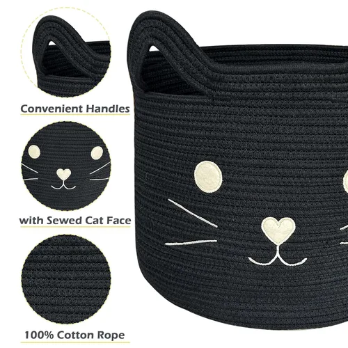 Miniatura 4 de VK VK·LIVING Cesta Grande de Juguetes para Gatos con Asas 15" L x 14" H Caja de Juguetes de Cuerda de Algodón con Diseño de Gato Negro, Cesta