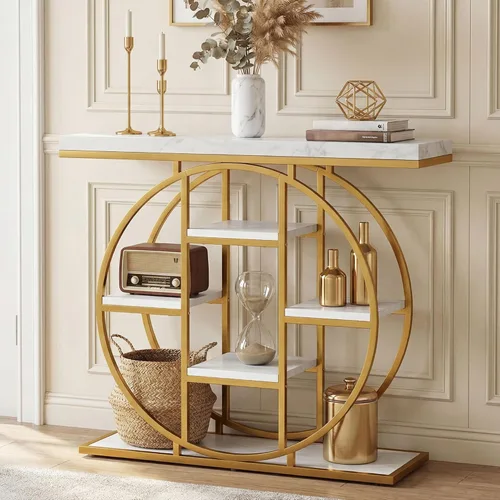 Miniatura 11 de HOMCOM Mesa de entrada, mesa de sofá consola de 39.4 pulgadas con estantes de almacenamiento y marco de acero circular, mesas decorativas de madera