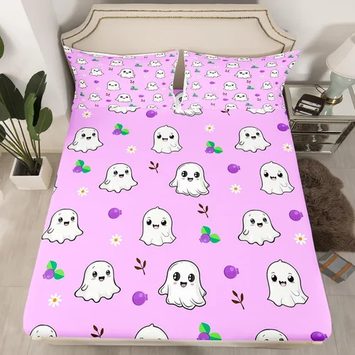 Miniatura 19 de Sábana bajera ajustable de fantasma de Halloween, tamaño individual, sábana de bruja de calabaza de caramelo de dibujos animados, juego de ropa