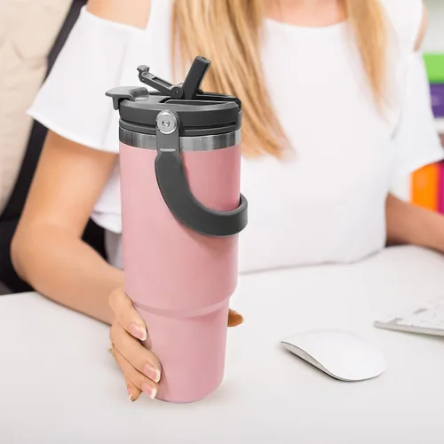 Miniatura 5 de Vaso de 30 oz con asa, vaso aislado con tapa 2 en 1 y pajilla, botella de agua de acero inoxidable de doble pared a prueba de fugas, taza para café