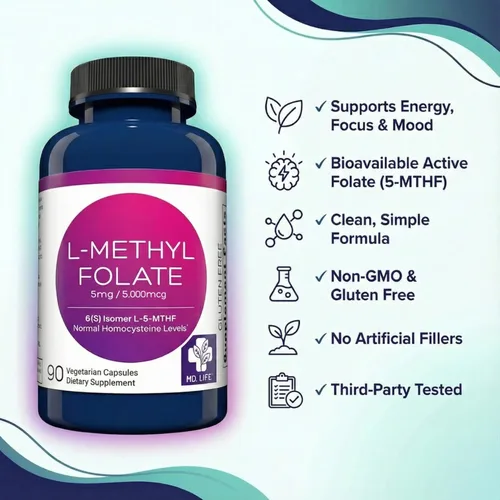 Miniatura 7 de MD Life L-metilfolato 5 mg - Suplemento de metilfolato activo de grado profesional - Suplementos MTHFR de máxima potencia - L metilfolato 5 mg 90