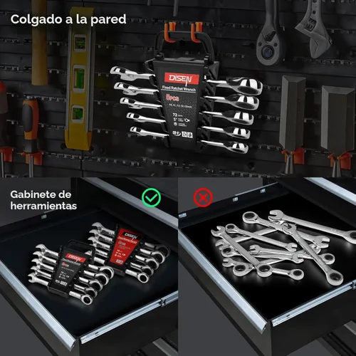 Miniatura 4 de DISEN Juego de 10 llaves de trinquete SAE y métricas con organizador de estante, acero CR-v premium, 12 puntos, 72 dientes, extremo de caja