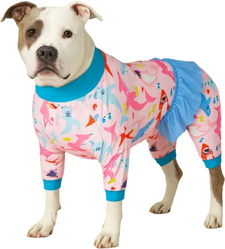 Miniatura 18 de LovinPet Pijamas grandes para perros - Camisa de unicornio para perro, mono de recuperación posoperatoria, impresión de sirenas y unicornios Rosa