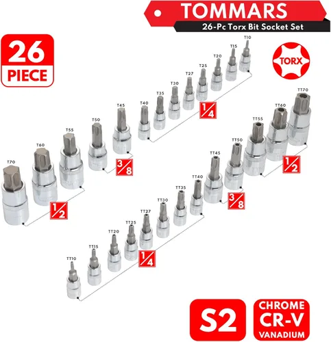 Miniatura 3 de TOMMARS Juego de 60 piezas de enchufes de brocas Torx Master y juego de enchufes externos de 1/4", 3/8", 1/2" de transmisión, brocas de acero S2