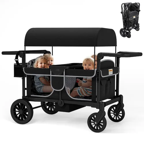 TOLEAD Cochecito para 4 niños, plegable de 4 asientos para exteriores con toldo, manubrio ajustable, arnés de seguridad de 5 puntos, bandeja Negro