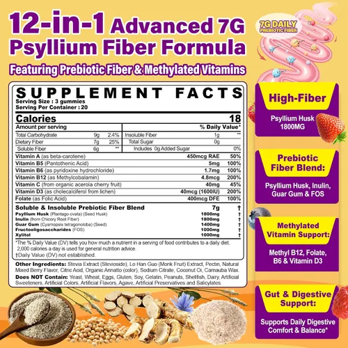 Miniatura 2 de 1 Paquete de Gomitas de Fibra para Adultos con Cáscara de Psyllium, 7G (Fibra Prebiótica Soluble + Insoluble) Diaria con Inulina, FOS, Goma de Guar