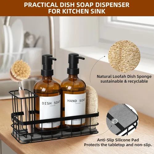 Miniatura 6 de Dispensador de jabón para platos para cocina, dispensadores de jabón de manos y platos ámbar de 16.9 onzas líquidas, juego de dispensador de jabón