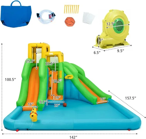 Miniatura 4 de Boundtech - Casa inflable para saltar, para usar en la alberca, con dos toboganes, pared de escalada, aro de baloncesto, alberca para sambullirse