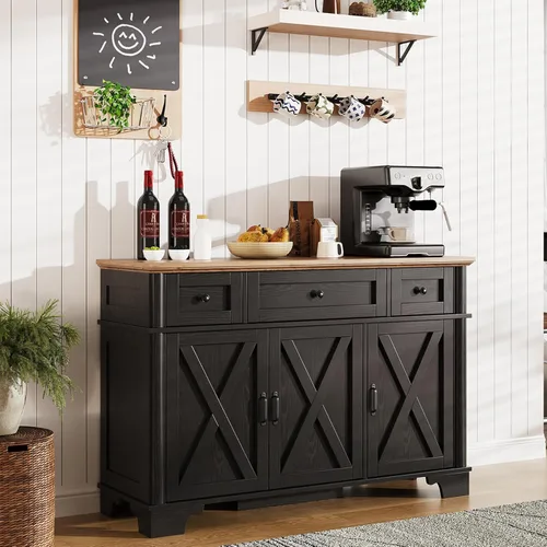 Miniatura 7 de BestHaped Armario de buffet de granja con almacenamiento, aparador negro con estantes ajustables y 3 cajones, mesa de buffet, barra de café, bar